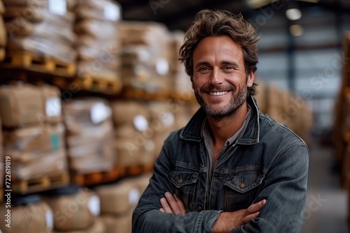 A ruggedly handsome man exudes confidence and warmth as he stands in a dimly lit warehouse, his arms crossed and a charming smile gracing his bearded face