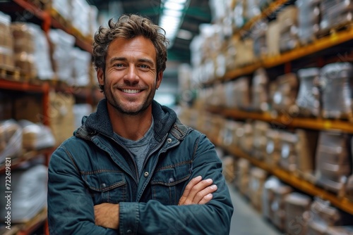 A confident man stands tall in a busy warehouse, his genuine smile radiating warmth as he surveys the shelves of retail goods surrounding him