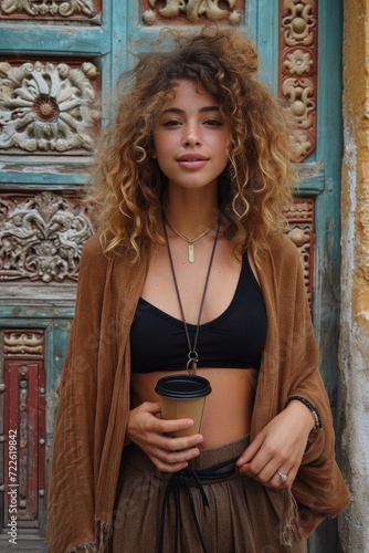 A stylish woman confidently poses on the street, showcasing her long hair and fashion sense as she enjoys a cup of coffee in hand photo