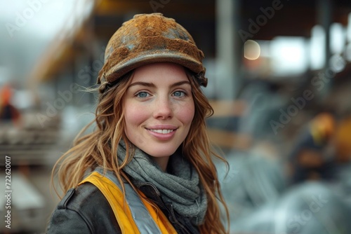 A stylish woman confidently wears a helmet and scarf as she smiles in the winter street fashion, showcasing the perfect balance of practicality and fashion