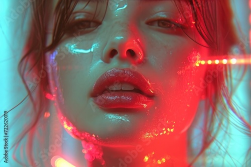 A striking portrait of a woman, her wet face glistening under red lights, her full lips adorned with dark lipstick and long eyelashes framing her intense gaze