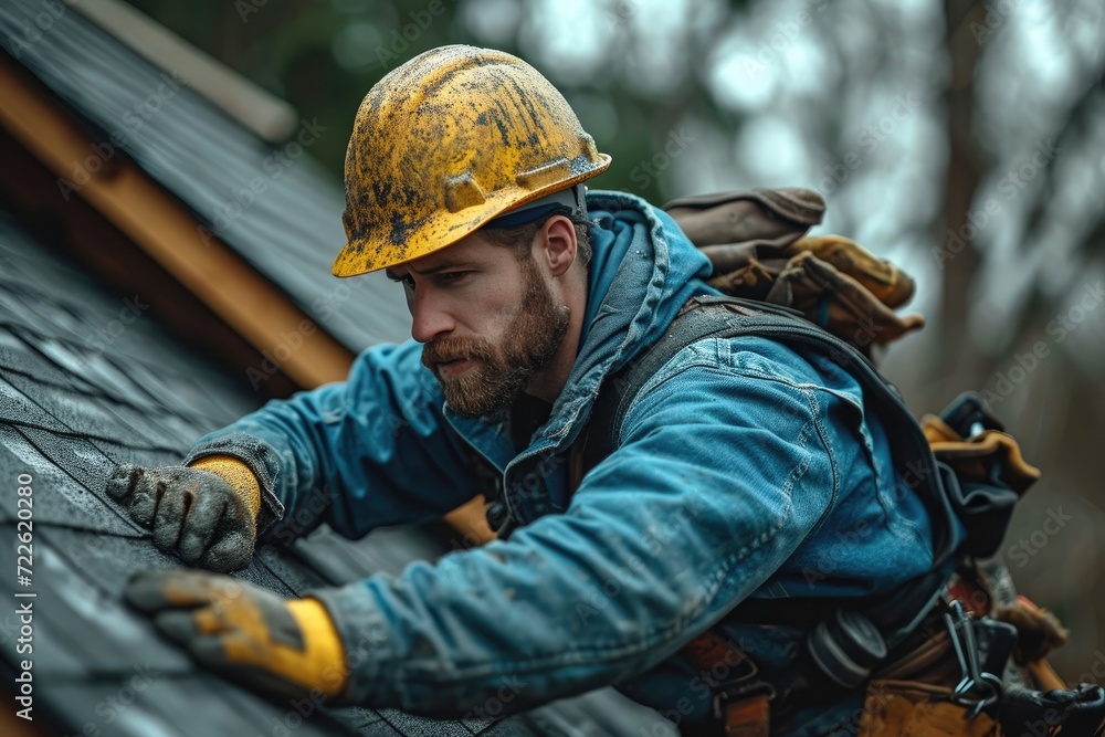 A determined blue-collar worker dons his hard hat and gloves as he faces the elements to repair a roof, showcasing his bravery and dedication to his job A determined blue-collar worker dons his hard hat and gloves as he faces the elements to repair a roof, showcasing his bravery and dedication to his job
