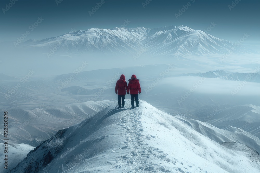 Two adventurous mountaineers brave the treacherous slopes of a snowy alpine landscape, their figures silhouetted against the misty fog as they stand atop a glacial massif in the heart of the arctic