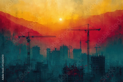 A breathtaking painting captures the ethereal beauty of cranes soaring through a foggy cityscape, silhouetted against a stunning sunset sky and towering skyscrapers, creating a mesmerizing outdoor ar