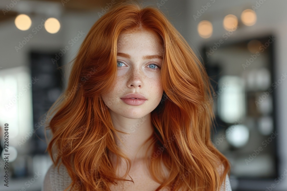 A striking woman with fiery red hair and piercing blue eyes gazes ...