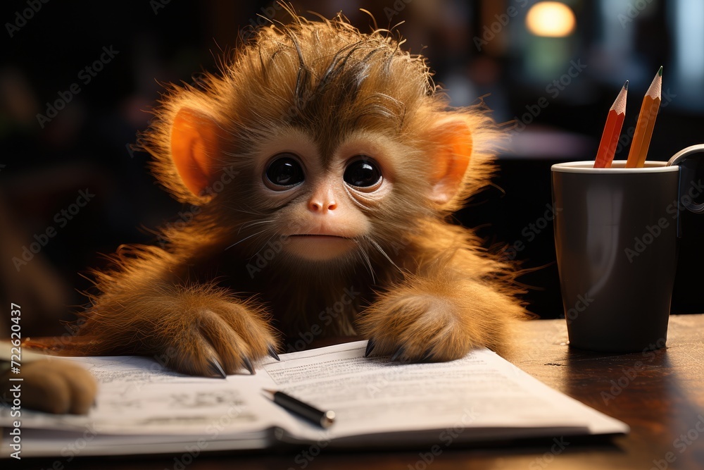 A curious monkey sits at an indoor table with a pen and book, while a fluffy cat watches from a nearby coffee cup, both embodying the playful and inquisitive nature of these beloved mammals