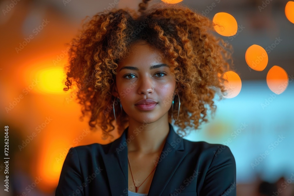 A confident woman gazes out with a fierce expression, her black jacket framing her face as her curly ringlets cascade down her shoulders in a fashionable jheri curl, drawing attention to her bold red A confident woman gazes out with a fierce expression, her black jacket framing her face as her curly ringlets cascade down her shoulders in a fashionable jheri curl, drawing attention to her bold red