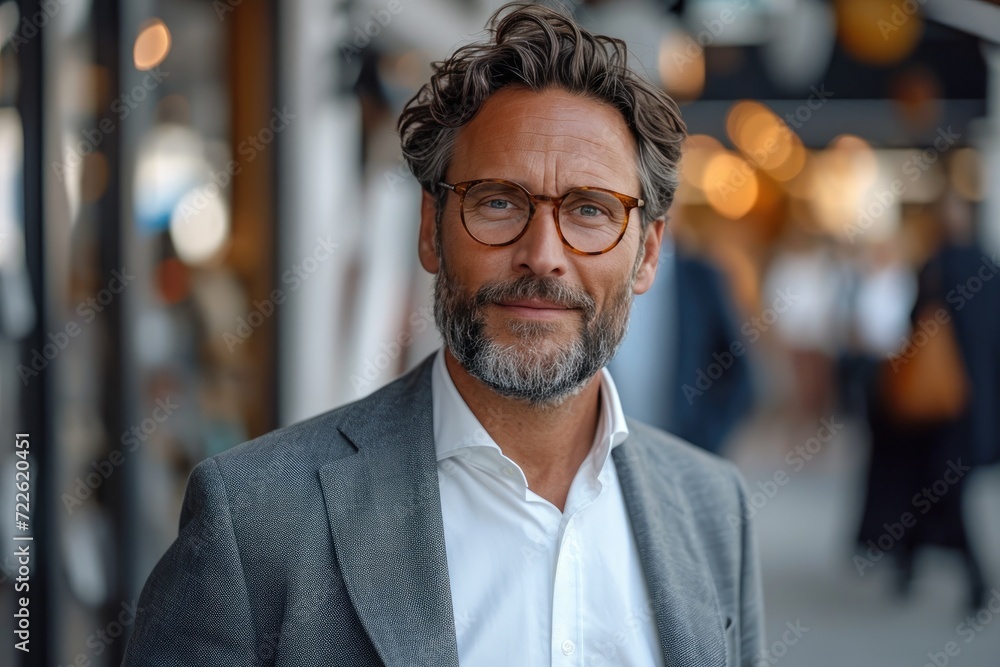 A distinguished gentleman in a sharp suit stands in front of a building, his wise eyes behind glasses and his well-groomed beard adding to his refined appearance A distinguished gentleman in a sharp suit stands in front of a building, his wise eyes behind glasses and his well-groomed beard adding to his refined appearance