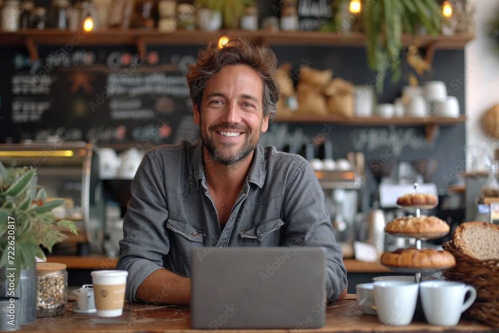 A man in a coffee shop, dressed in casual clothing and wearing glasses, sits at a table with a laptop, coffee cup and saucer, surrounded by indoor serveware and a wall behind him, focused on his work A man in a coffee shop, dressed in casual clothing and wearing glasses, sits at a table with a laptop, coffee cup and saucer, surrounded by indoor serveware and a wall behind him, focused on his work