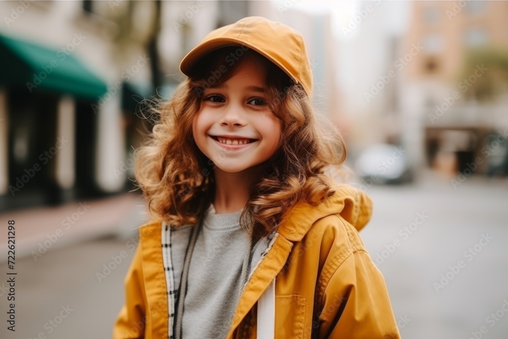 Portrait of a cute little girl in a yellow jacket and cap Portrait of a cute little girl in a yellow jacket and cap