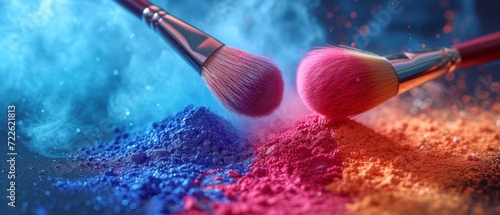 Makeup cosmetic brushes with powder blush explosion on black background. Skin care or fashion concept. Free space for your text