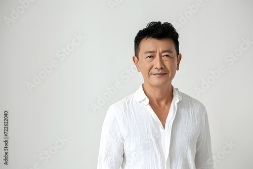 Portrait of stylish asian man, wearing casual white clothes isolated on white background. photo