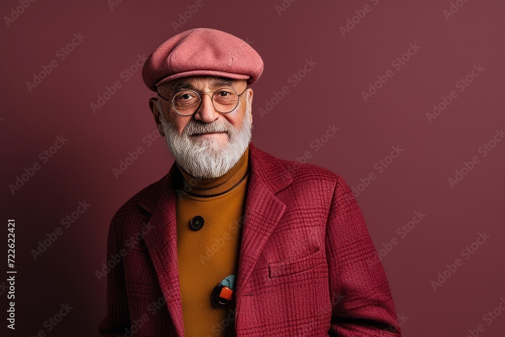 Portrait of a senior man in a red jacket and beret posing on a pink background. Portrait of a senior man in a red jacket and beret posing on a pink background.
