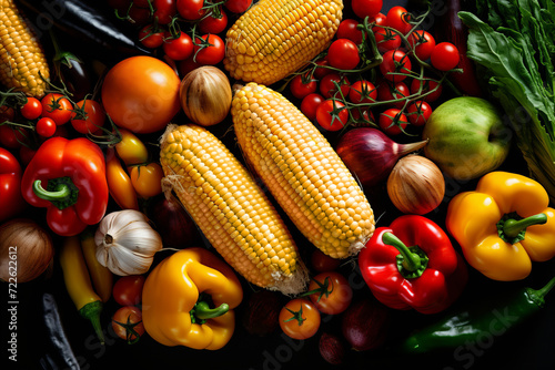 Fresh Farm Produce. Corn, Peppers, Zucchini, Tomatoes-cherry, Close-Up, Top View