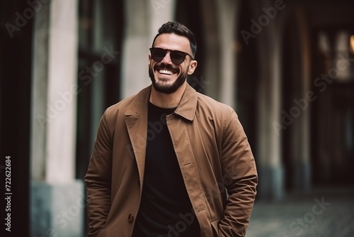 Handsome young man in beige coat and sunglasses, outdoor shot © Inigo