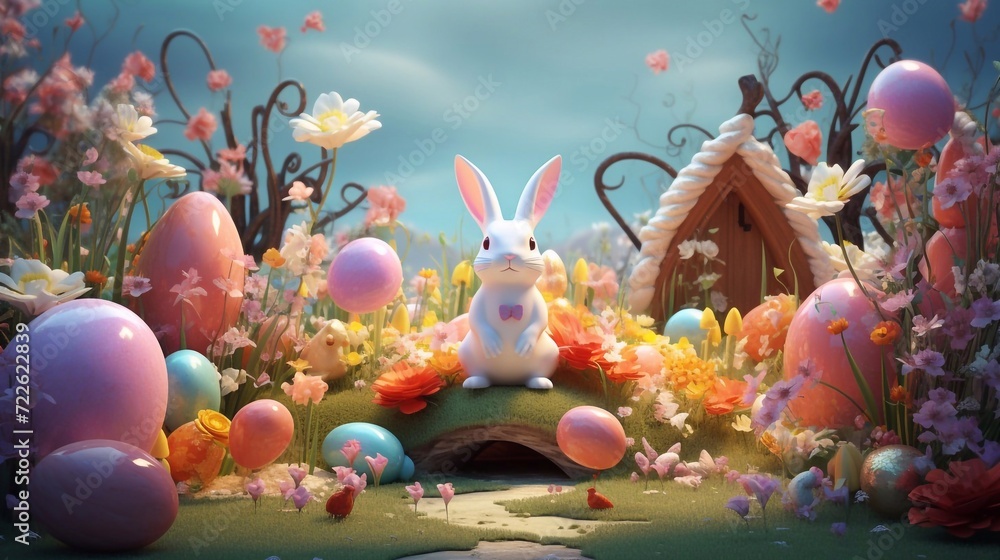Happy Easter Day Design with Colorful Painted Realistic Eggs and Cute Bunny