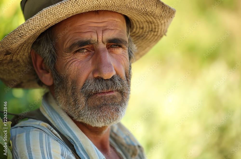 Smiling Man Wearing Straw Hat and Striped Shirt Outdoor Portrait