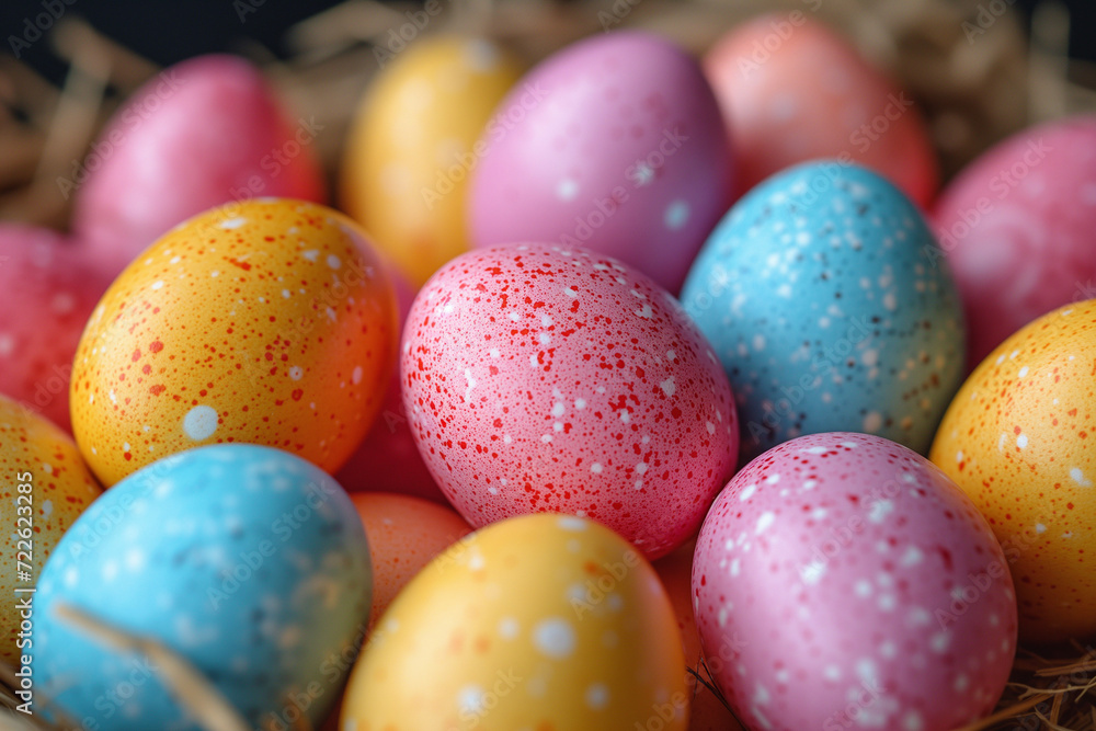 Background of colorful painted Easter eggs, group of eggs in a basket nest for creative activities and children's games