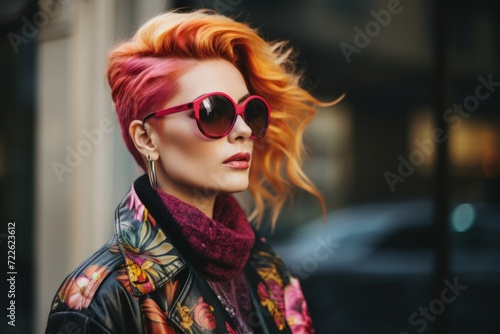 Fashionable young woman with red hair and sunglasses in the city