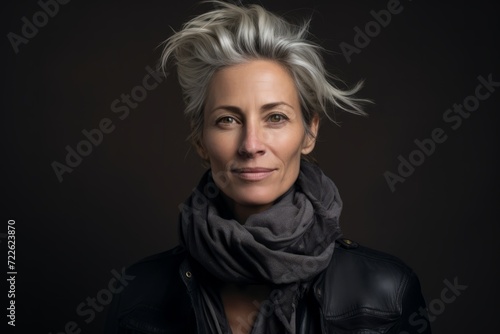 Portrait of a beautiful middle-aged woman wearing a black leather jacket and scarf.