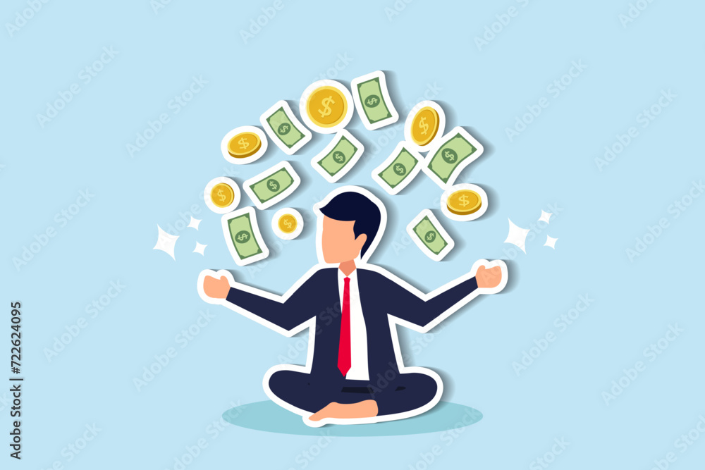 Money or financial mindset, get rich or ambition to growth revenue, success investment and savings or attitude to grow business concept, calm businessman meditating with falling money banknotes income