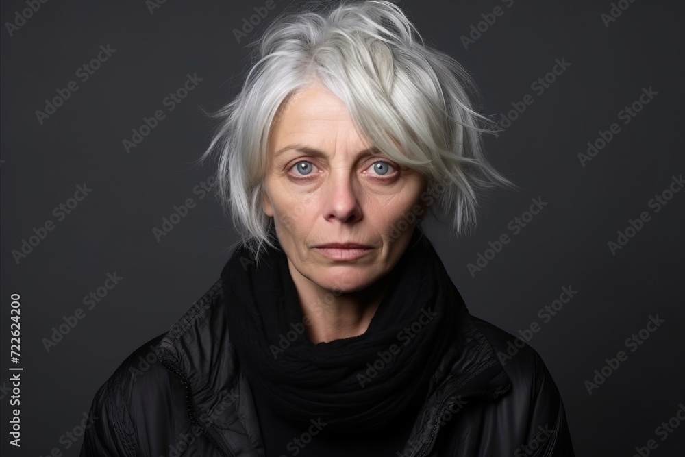 Portrait of a senior woman with grey hair on a dark background