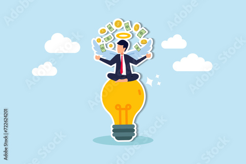 Angel investor, people who funding or support startup seed project since beginning, money support to grow business idea concept, rich businessman with angel wings on lightbulb idea with money banknote