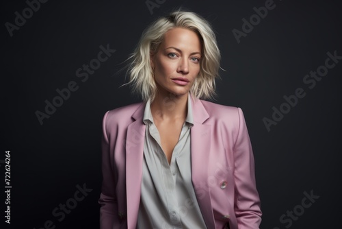 Portrait of a beautiful blonde woman in a pink jacket. Studio shot.