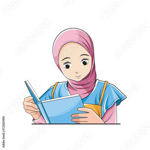 Smart kid. Girls in hijab love reading books. Vector illustration