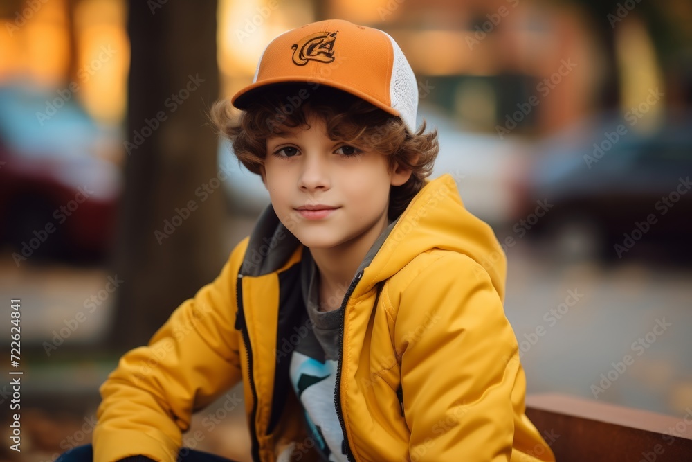 Portrait of a boy in a yellow jacket and cap on the street. Portrait of a boy in a yellow jacket and cap on the street.