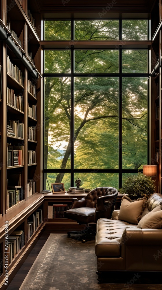 Stylish home office or library with custom built in bookshelves, comfortable seating, and inspiring views for a tranquil workspace