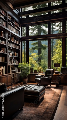 Wallpaper Mural Stylish home office or library with custom built in bookshelves, comfortable seating, and inspiring views for a tranquil workspace Torontodigital.ca