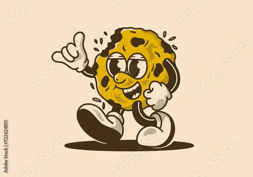 Mascot character of a walking cookies in retro style