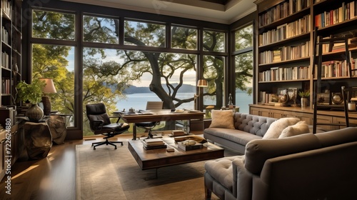 Stylish home office or library with custom built in bookshelves, comfortable seating, and inspiring views for a tranquil workspace © CREATIVE STOCK