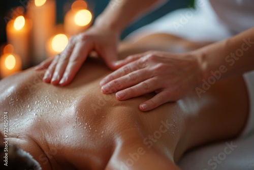 Back massage in spa with warm candlelight.