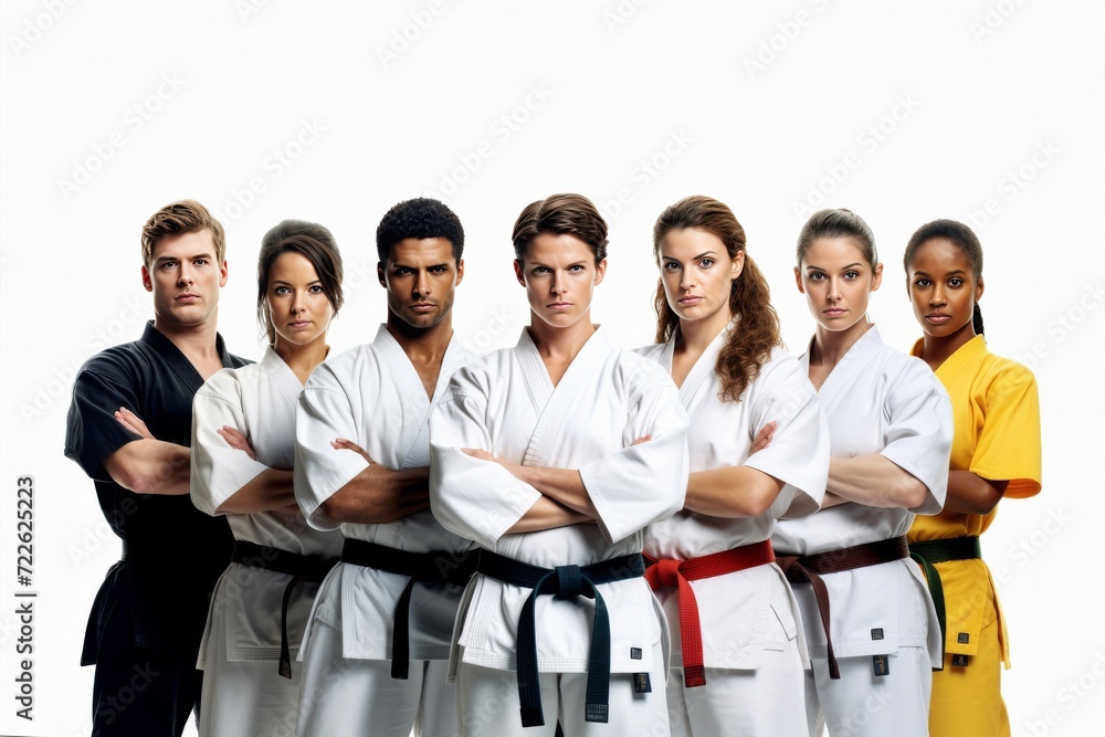 A group of fighter such as Karate, Taekwondo, Fighter, Boxing, Thai Boxing, white background. Generative AI. A group of fighter such as Karate, Taekwondo, Fighter, Boxing, Thai Boxing, white background. Generative AI.