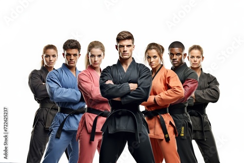 A group of fighter such as Karate, Taekwondo, Fighter, Boxing, Thai Boxing, white background. Generative AI.
