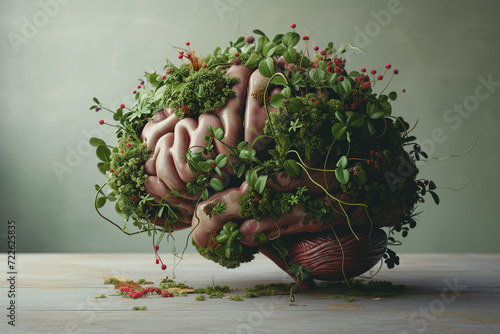 Fototapeta Naklejka Na Ścianę i Meble -  Human brain model with herbs and red flowers