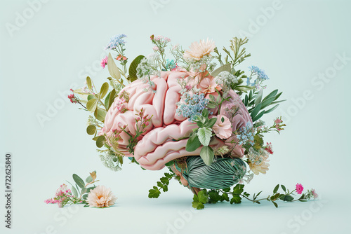 Artificial human brain with flowers and herbs on pastel blue background photo