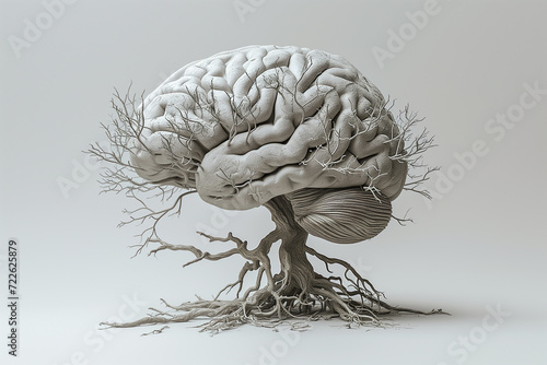 Artificial human brain with tree roots on gray background photo