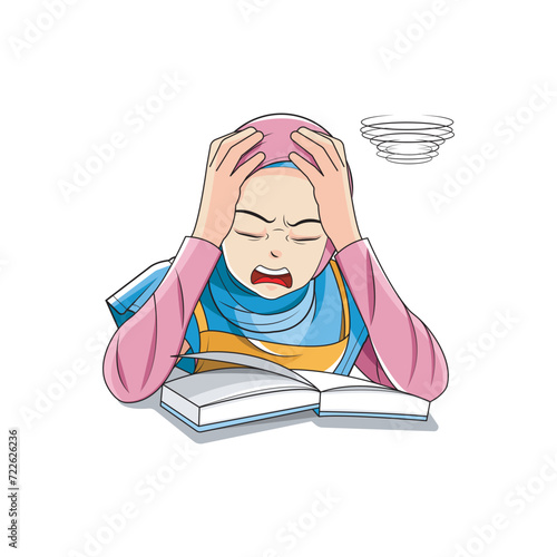 Girls in hijab are stressed working on a problem. Vector illustration