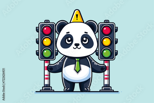 Cute panda wears a hat with a road sign symbol  accompanied by a picture of traffic lights. Cute panda with traffic symbol  Caution for drivers. Children s street safety cartoon vector concept. Animal