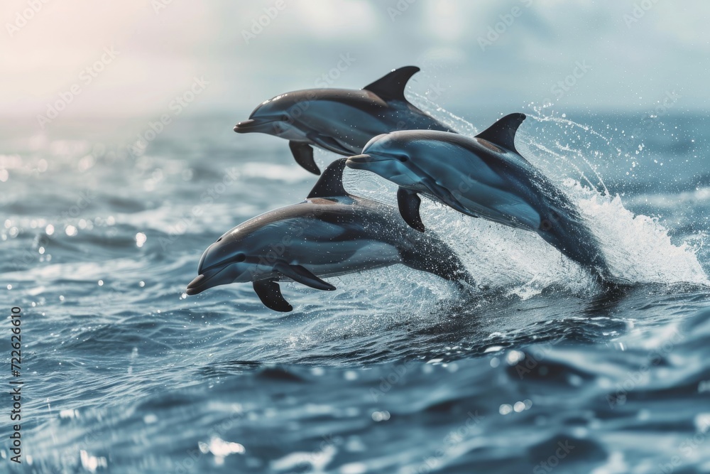 Obraz premium Pod of dolphins jumping in the sea