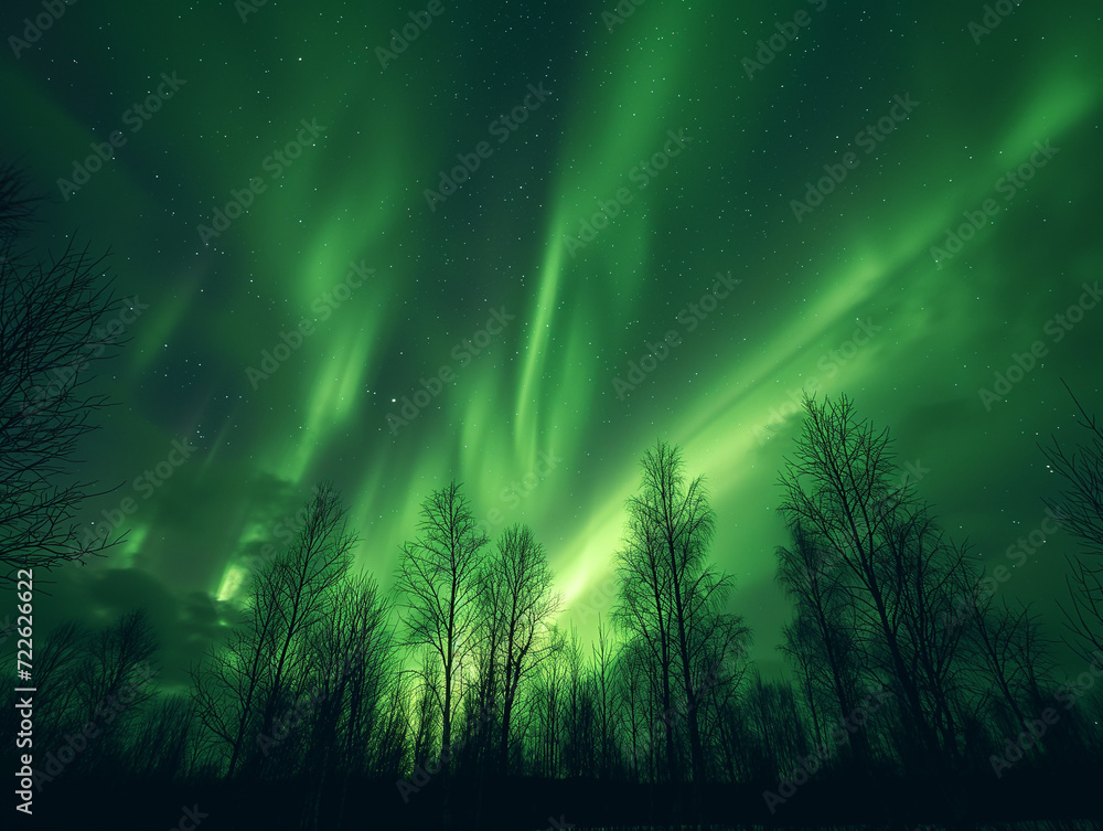 A line of winter trees forms silhouettes against the vibrant green tones of the aurora borealis in the nighttime sky A line of winter trees forms silhouettes against the vibrant green tones of the aurora borealis in the nighttime sky