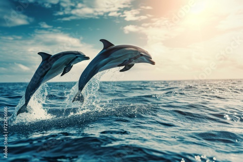 Dolphins jumping out of the water against the backdrop of sunset