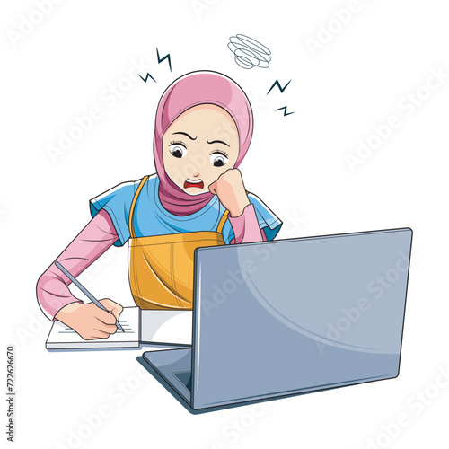 Education Concept. Bored student in hijab tired of learning doing homework using laptop. Vector illustration