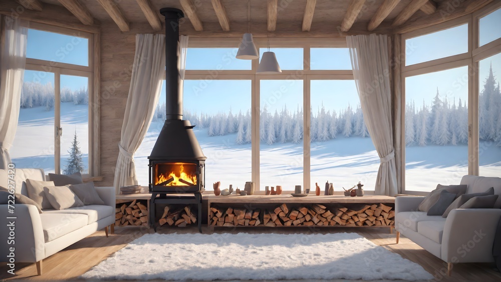 The spacious interior of a private house with a fireplace, upholstered chairs and a large panoramic window. A cozy living room with a view of the winter expanses and the forest.