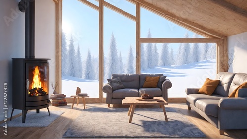 The spacious interior of a private house with a fireplace  upholstered chairs and a large panoramic window. A cozy living room with a view of the winter expanses and the forest.