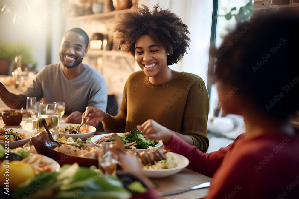 family seated around a dining table, enjoying a meal together. The table is adorned with various dishes, including salad and what appears to be bread or rolls family seated around a dining table, enjoying a meal together. The table is adorned with various dishes, including salad and what appears to be bread or rolls
