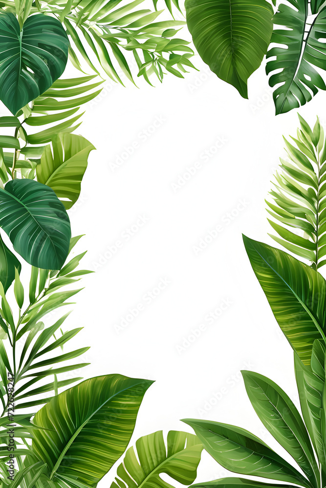 Fototapeta premium Green Leaves Border Frame Illustration Generative Ai